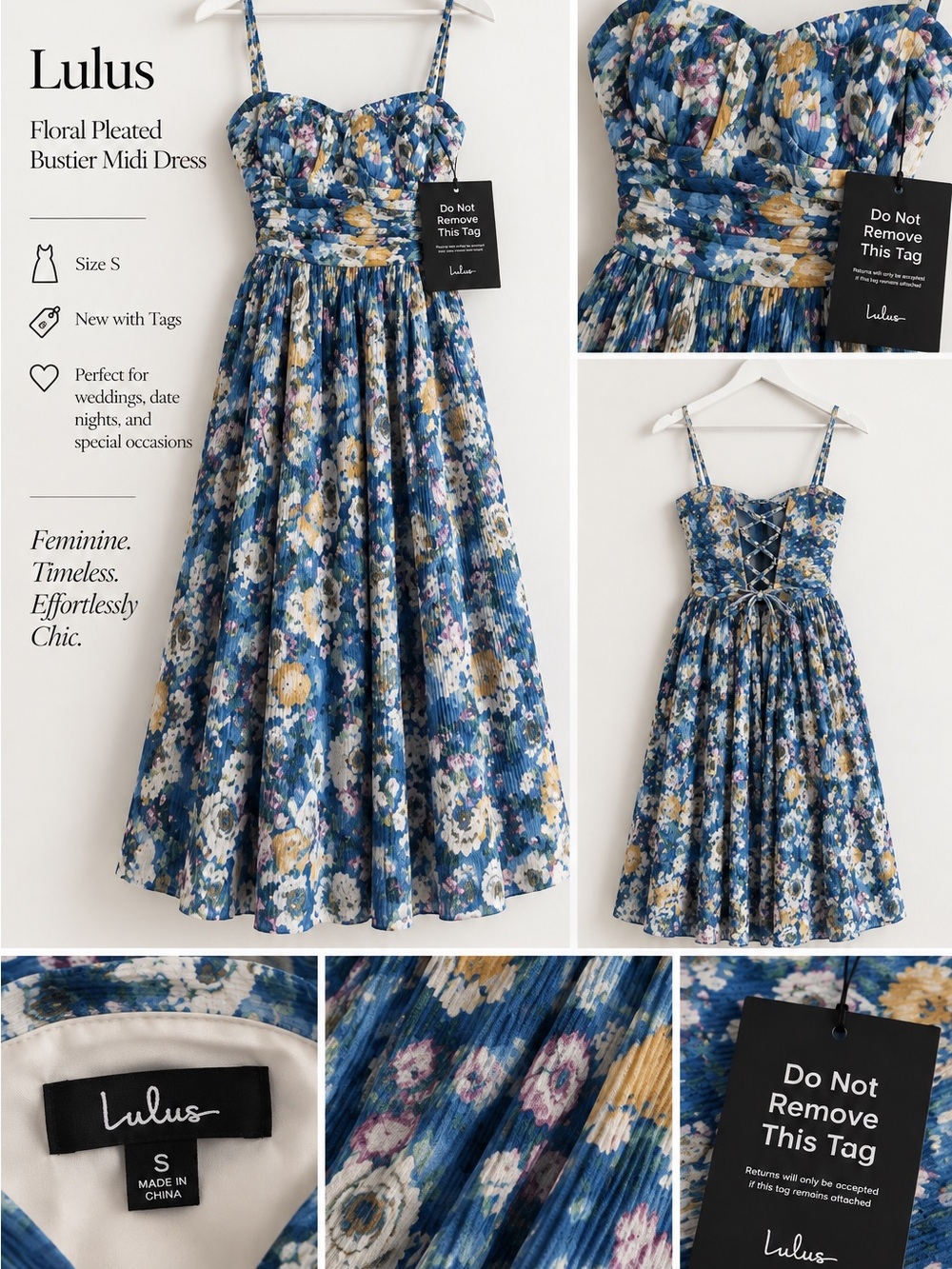 Lulu's Blue Floral Pleated Bustier Midi Dress with Yellow Accents